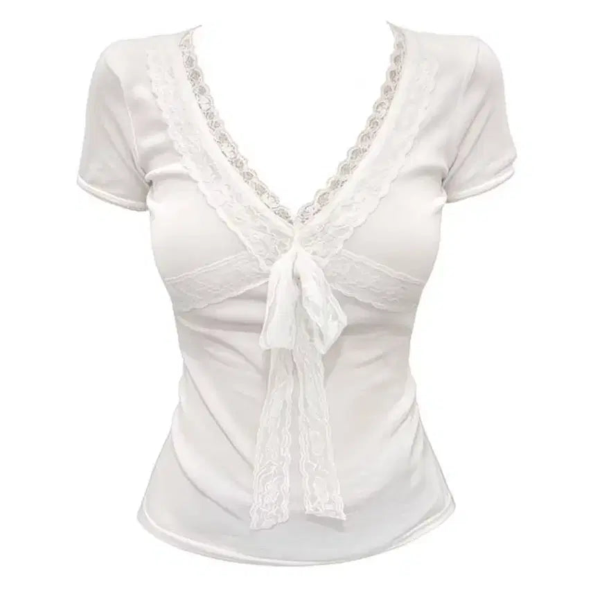 [BUNJANG] White Lace V-Neck Short-Sleeve T-Shirt / 화이트 레이스 브이넥 반팔티 새제품