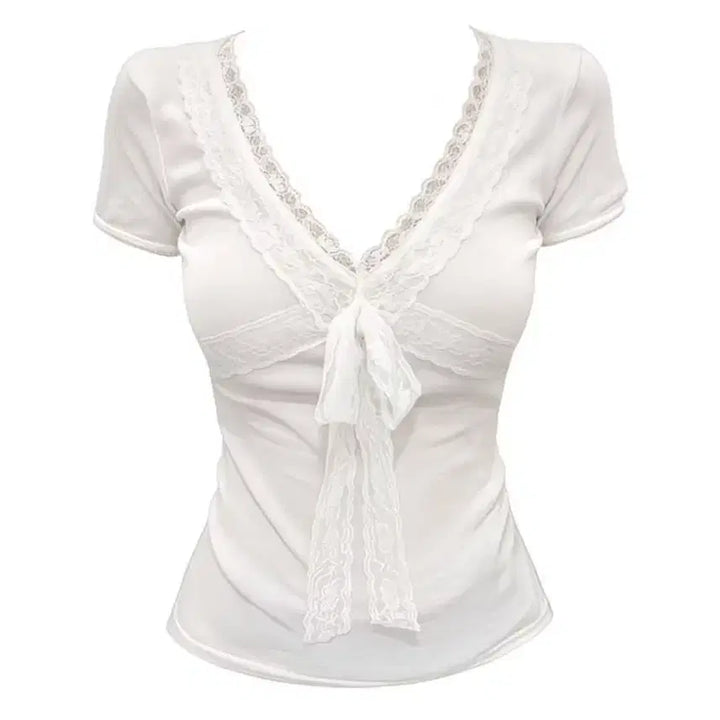 [BUNJANG] White Lace V-Neck Short-Sleeve T-Shirt / 화이트 레이스 브이넥 반팔티 새제품