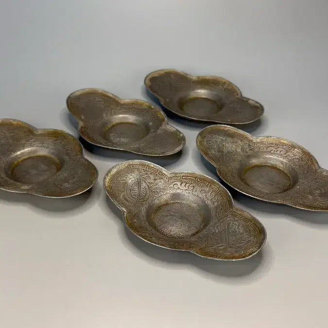[SOLD OUT] 주석 목과형 칠보파초선문 잔탁 5매 주석잔탁 주석차탁 차선 잔대 잔받침