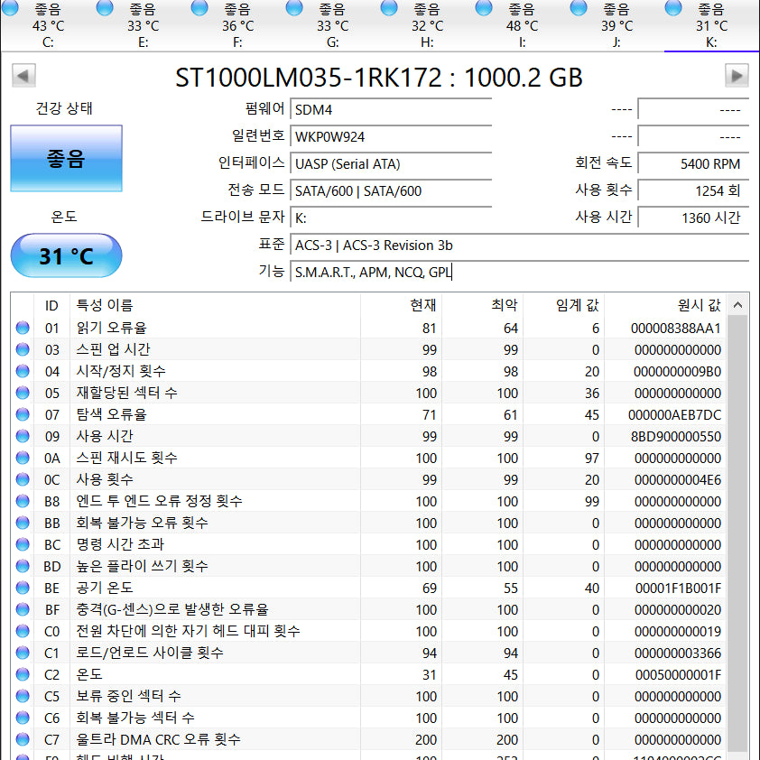 [BUNJANG] Seagate 1TB 2.5" Slim HDD (5400 RPM, 128MB Cache) / 씨게이트 HDD 1TB 노트북하드 슬림 5400/128M 2.5인치