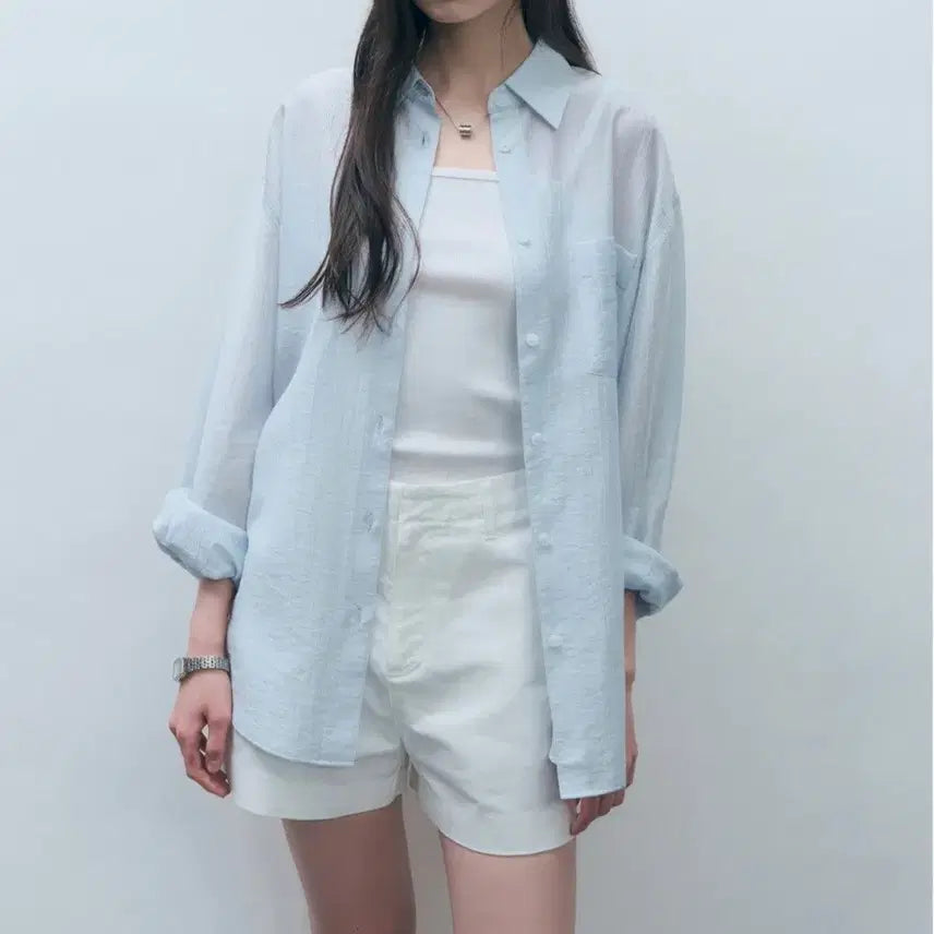 [BUNJANG] Mongdol Tencel See-through Loose Fit Shirt Sky Blue / (새상품)몽돌 텐셀 시스루 루즈핏 셔츠 스카이블루