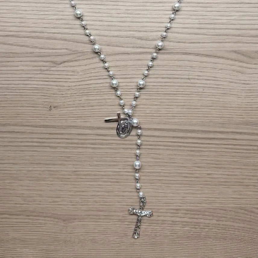 [BUNJANG] Gothic White Silver Pearl Cross Rosary Necklace / 고딕 화이트 실버 진주 십자가 로자리오 목걸이
