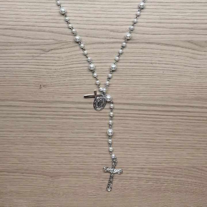 [BUNJANG] Gothic White Silver Pearl Cross Rosary Necklace / 고딕 화이트 실버 진주 십자가 로자리오 목걸이