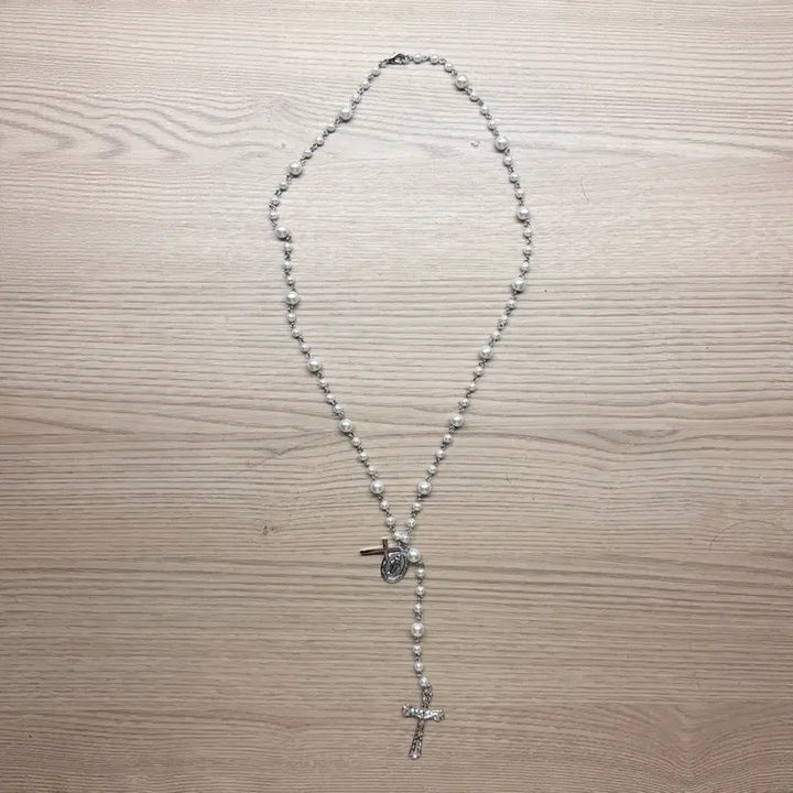 [BUNJANG] Gothic White Silver Pearl Cross Rosary Necklace / 고딕 화이트 실버 진주 십자가 로자리오 목걸이