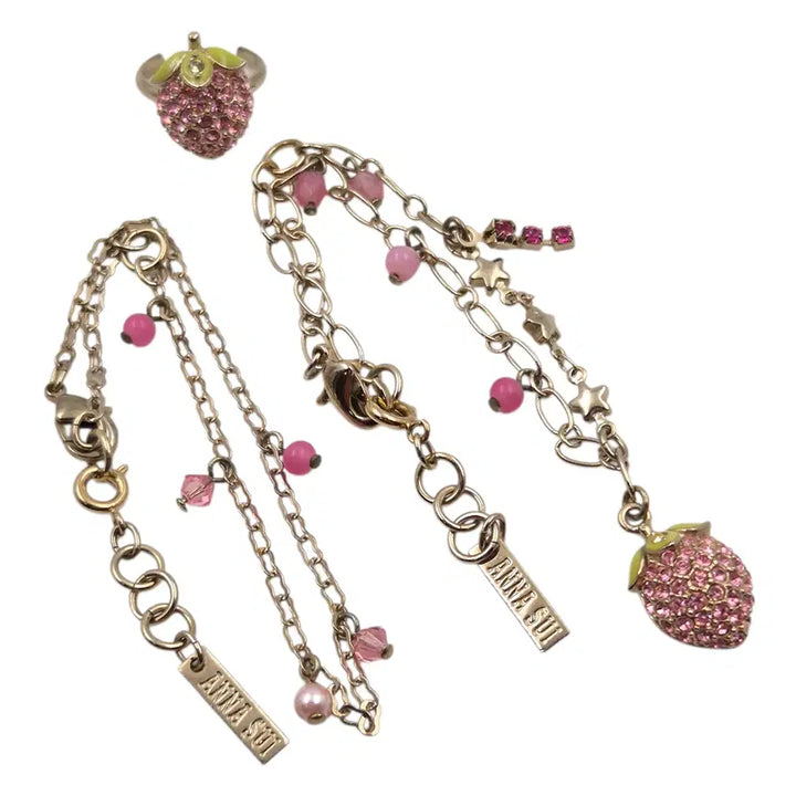 [BUNJANG] Anna Sui Strawberry Pavé Cubic Bracelet &amp; Ring Set / 05s 안나수이 딸기 파베 큐빅 팔찌 반지 세트
