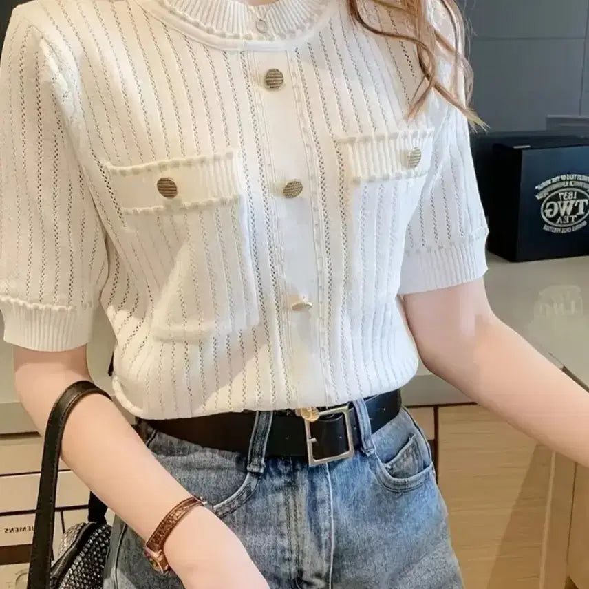 [BUNJANG] Chic Summer Knit with Gold Buttons / 새옷)세련된 여름니트
