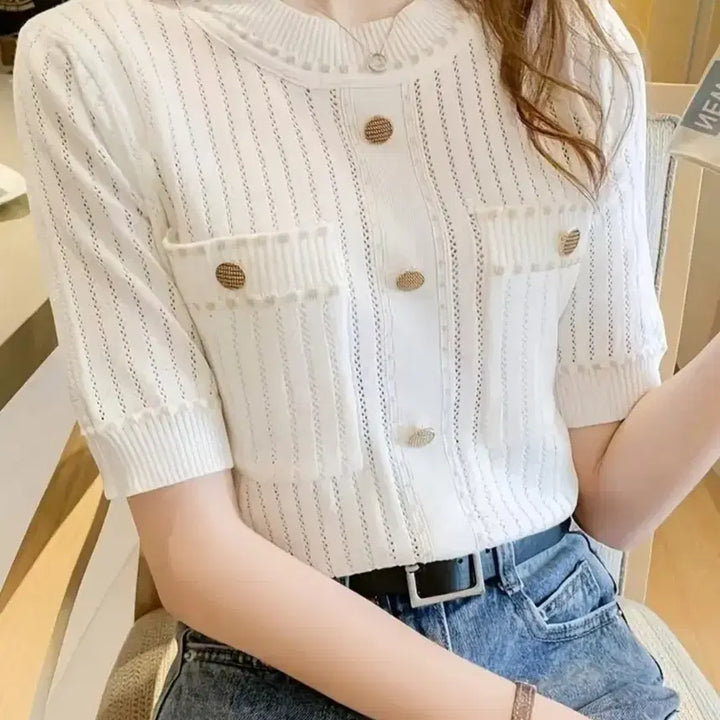 [BUNJANG] Chic Summer Knit with Gold Buttons / 새옷)세련된 여름니트