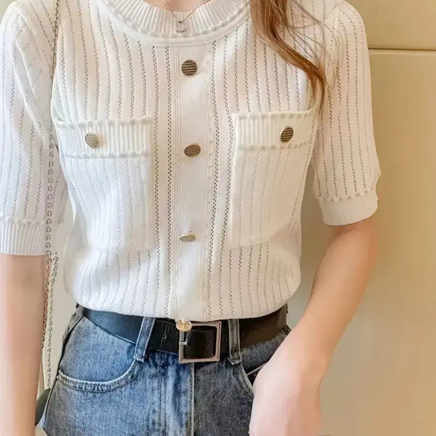 [BUNJANG] Chic Summer Knit with Gold Buttons / 새옷)세련된 여름니트
