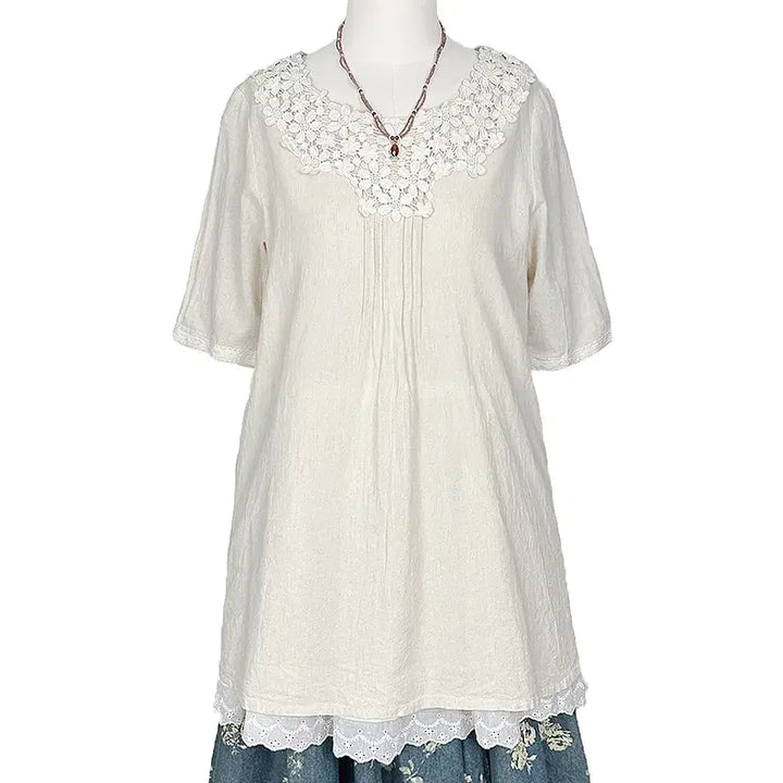 [BUNJANG] Vintage Linen Tussah Lace Pintuck Shirt - Oatmeal / 일본빈티지 린넨 토숀레이스핀턱셔츠티 오트밀 모리걸갸루y2k히피에스닉
