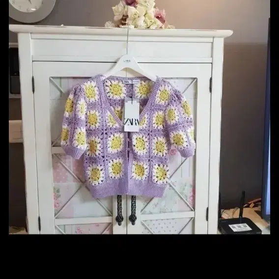 [BUNJANG] Zara Knit Cardigan Lavender Yellow Pattern (Size 55-66) / 자라 니트 가디건 라벤더 옐로우 패턴/55-정66 새상품