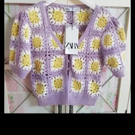 [BUNJANG] Zara Knit Cardigan Lavender Yellow Pattern (Size 55-66) / 자라 니트 가디건 라벤더 옐로우 패턴/55-정66 새상품