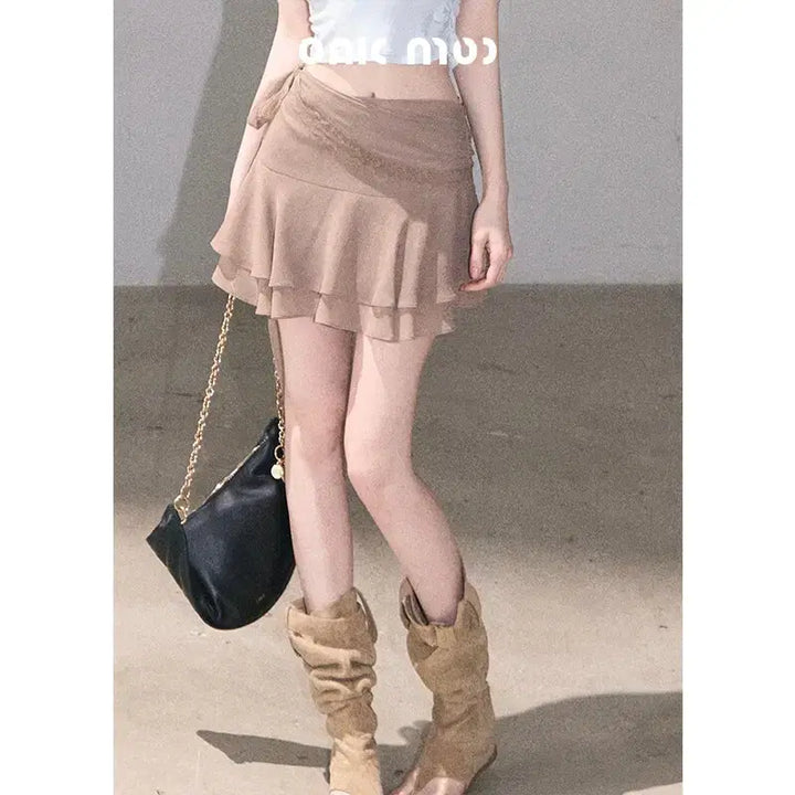 [BUNJANG] OAKMOO Chiffon Pleated Lace Ribbon Tie Waist Skirt / OAKMOO 오크무 시폰 플리츠 레이스 리본 타이 웨이스트 스커트