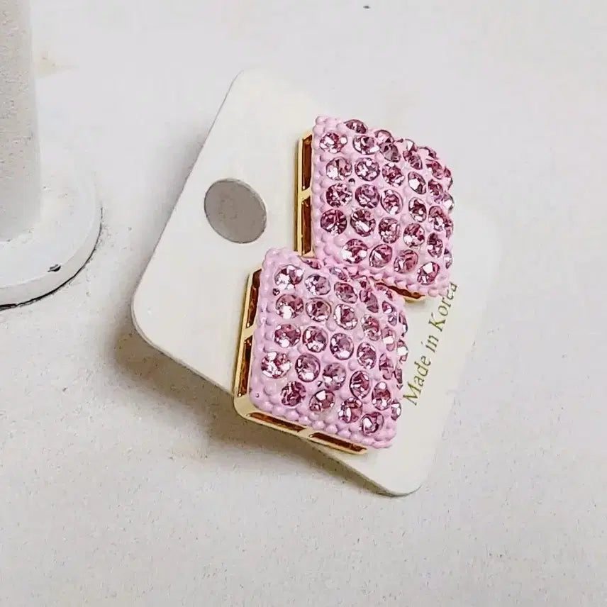 [BUNJANG] Pink Square Cubic Earrings / 핑크 사각 큐빅 귀걸이