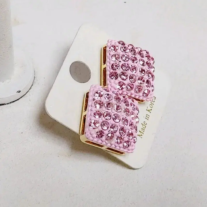 [BUNJANG] Pink Square Cubic Earrings / 핑크 사각 큐빅 귀걸이