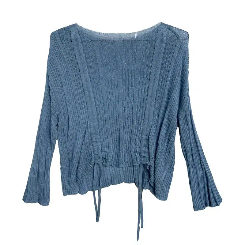 [BUNJANG] Dusty Blue Ribbed Knit See-Through Drop Shoulder Pullover / 더스티블루 밑단 스트링 골지 니트 시스루 드롭숄더 풀오버