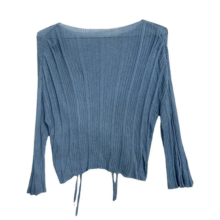 [BUNJANG] Dusty Blue Ribbed Knit See-Through Drop Shoulder Pullover / 더스티블루 밑단 스트링 골지 니트 시스루 드롭숄더 풀오버