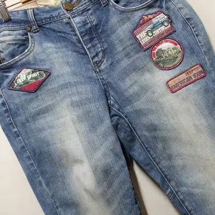 [BUNJANG] JEEP Multi-Patch Heji Vintage Blue Stretch Pants Waist 28 / 지프 JEEP 멀티패치 헤지빈티지 청스판바지 허리28
