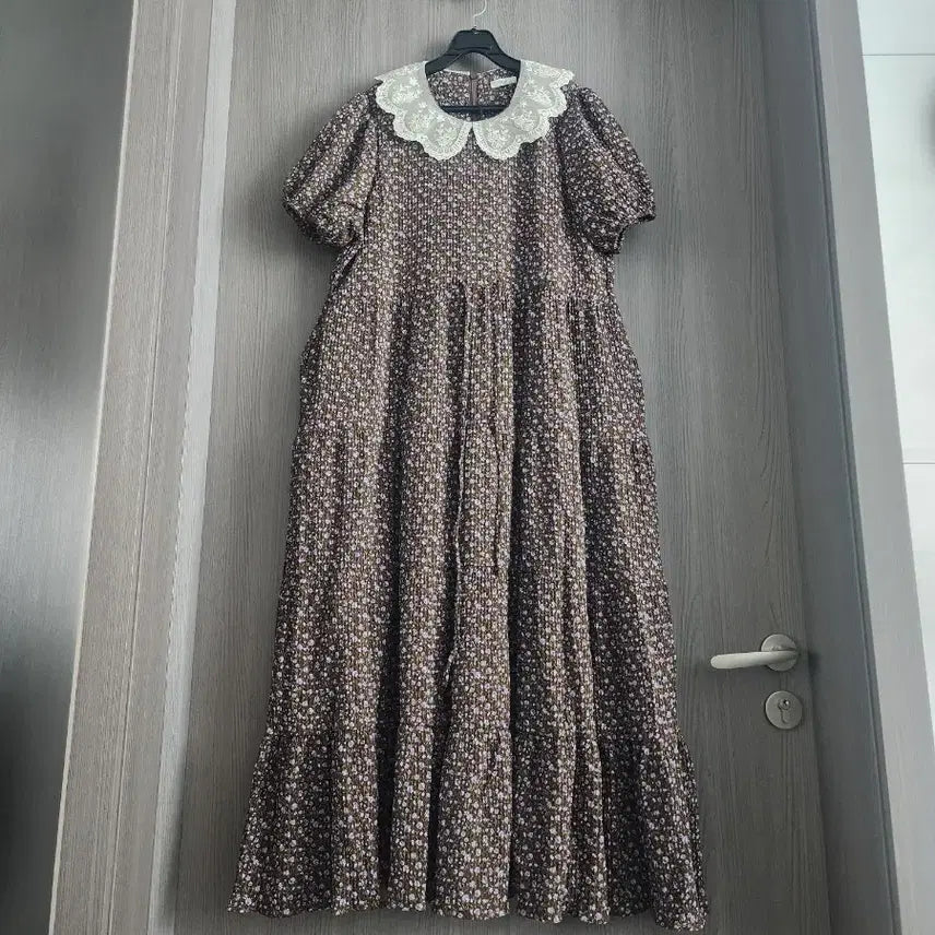 [BUNJANG] SOIR Floral Lace Round Neck Chiffon Long Dress / SOIR 레이스 라운드넥  플라워 쭈글이 쉬폰 롱원피스