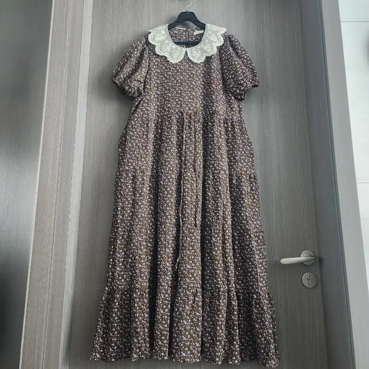 [BUNJANG] SOIR Floral Lace Round Neck Chiffon Long Dress / SOIR 레이스 라운드넥  플라워 쭈글이 쉬폰 롱원피스