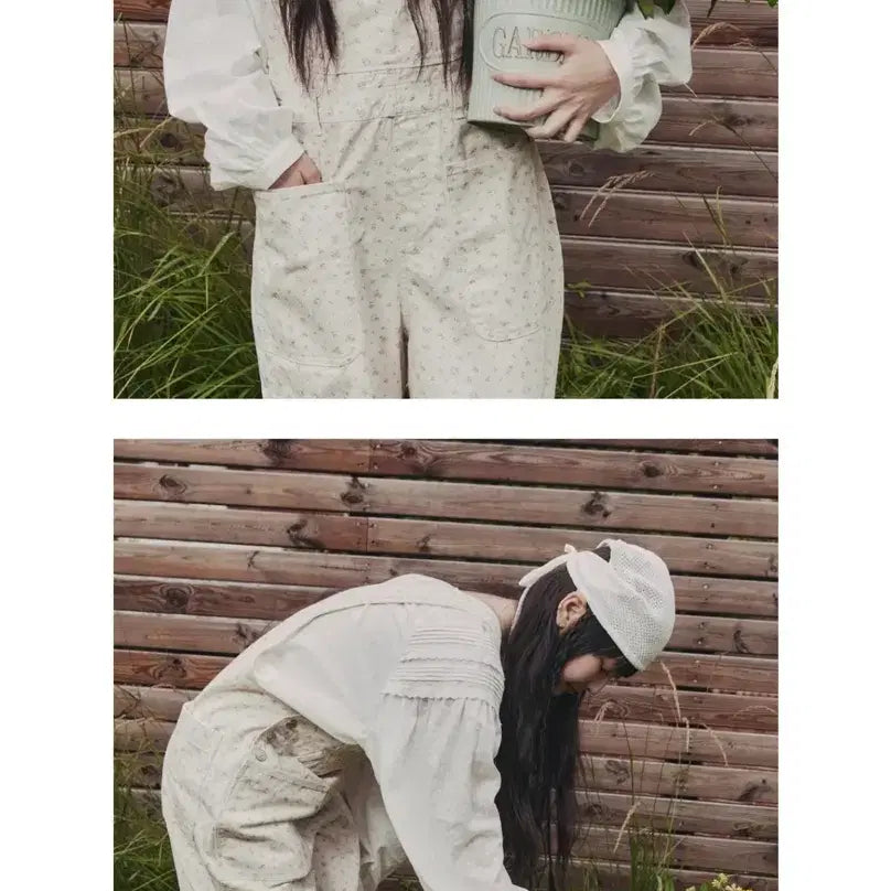 [BUNJANG] Celeteales Flower Pocket Overalls - Ivory / 셀리테일즈 플라워 포켓 오버롤 아이보리