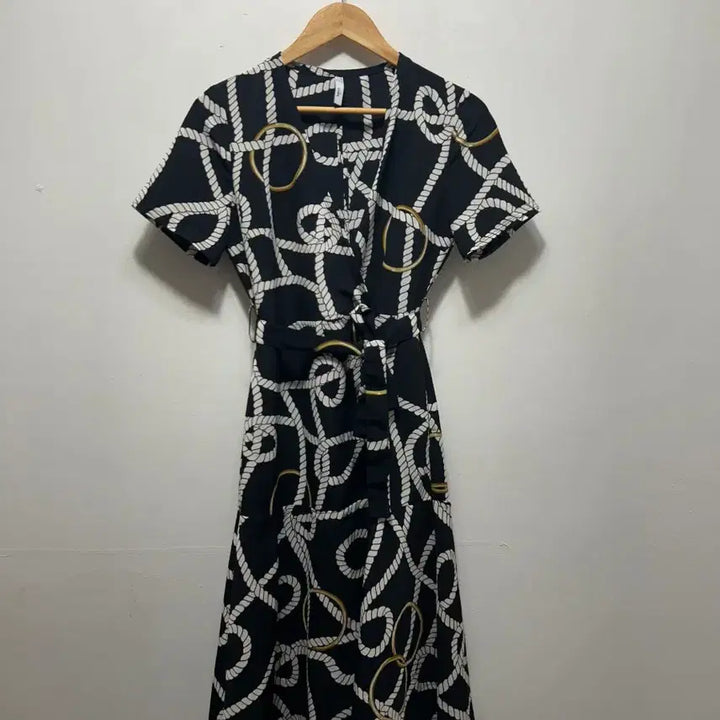 [BUNJANG] Navy Rope Pattern Wrap Dress - Size S / 랩 원피스 네이비 로프 패턴 S