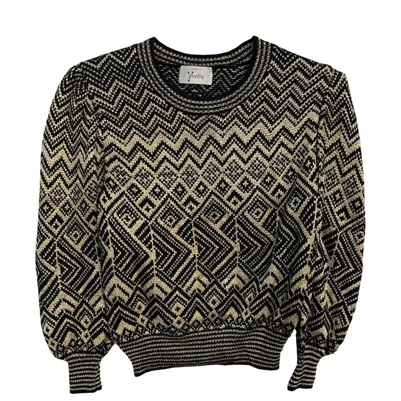 [BUNJANG] Geometric Jacquard Puff Sleeve Knit / 기하학적 자카드 패턴 퍼프 소매 니트 에스닉 자카드 퍼프 숄더 니트