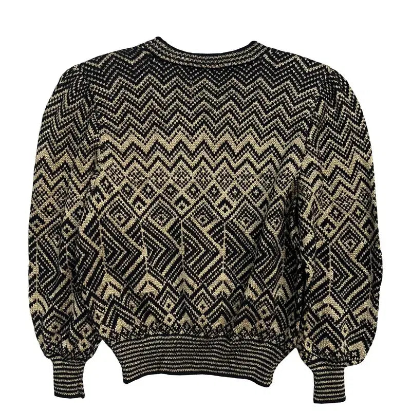 [BUNJANG] Geometric Jacquard Puff Sleeve Knit / 기하학적 자카드 패턴 퍼프 소매 니트 에스닉 자카드 퍼프 숄더 니트