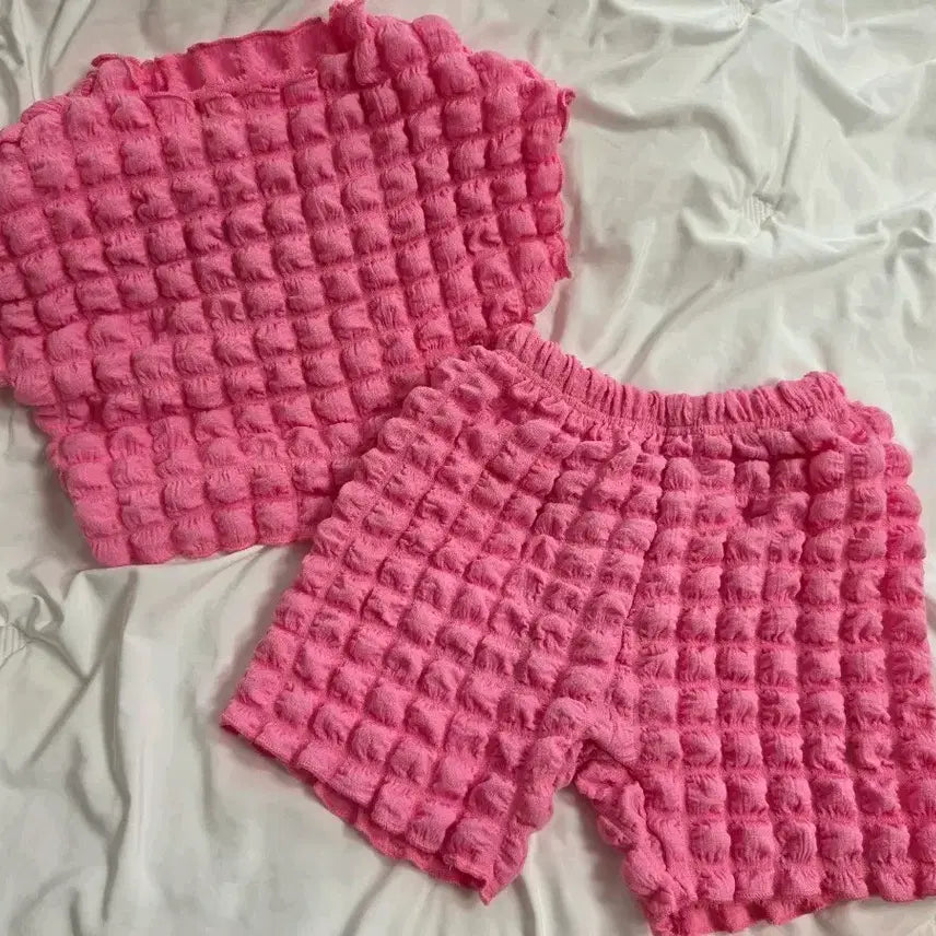 [BUNJANG] Pink Embossed Top &amp; Bottom Set - Size 110 / 핑크 엠보 상하의 세트 110