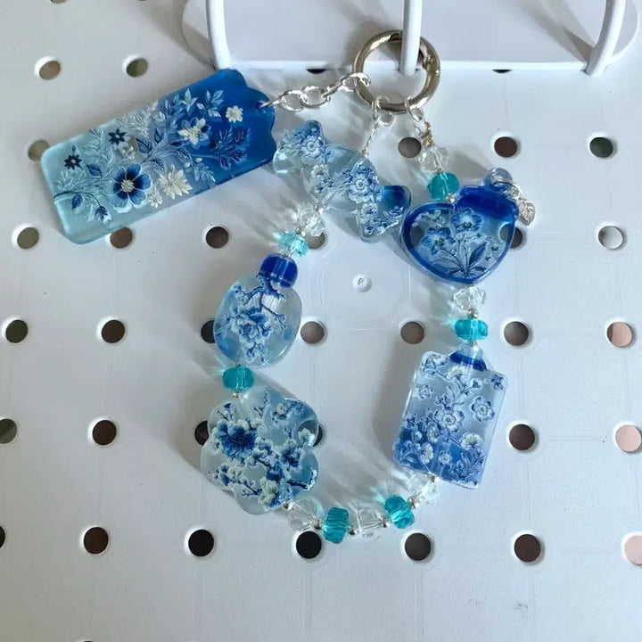 [BUNJANG] Blue Flower Design Acrylic Bead Keychain / 블루 꽃 디자인 아크릴 비즈 키링