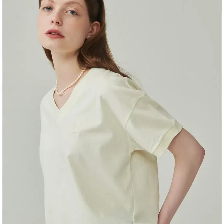[BUNJANG] Lonron V-Neck Half Sleeve Sweatshirt Cream / (새상품) 론론 브이넥 하프 반팔 스웨트셔츠 크림컬러