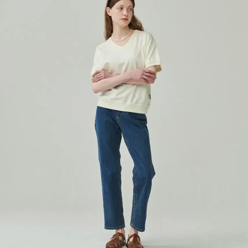 [BUNJANG] Lonron V-Neck Half Sleeve Sweatshirt Cream / (새상품) 론론 브이넥 하프 반팔 스웨트셔츠 크림컬러