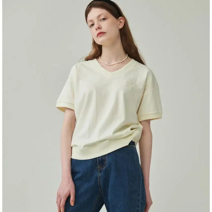 [BUNJANG] Lonron V-Neck Half Sleeve Sweatshirt Cream / (새상품) 론론 브이넥 하프 반팔 스웨트셔츠 크림컬러