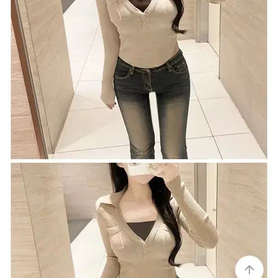 [BUNJANG] Ribbed Long Sleeve T-Shirt with Collar Detail / 골지 긴팔티