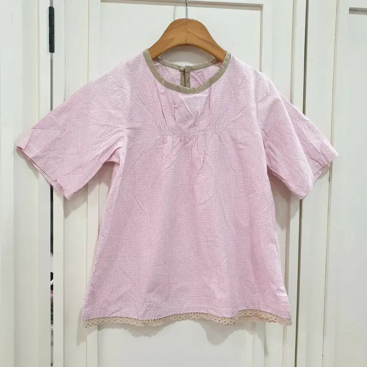 [BUNJANG] Checkered Short Sleeve Blouse Pink Size 120 / 120 체크무늬 반팔 블라우스 핑크색