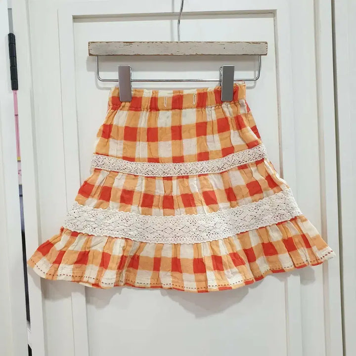 [BUNJANG] 80s Checkered Lace Skirt Orange / 80 체크무늬 레이스 스커트 오렌지
