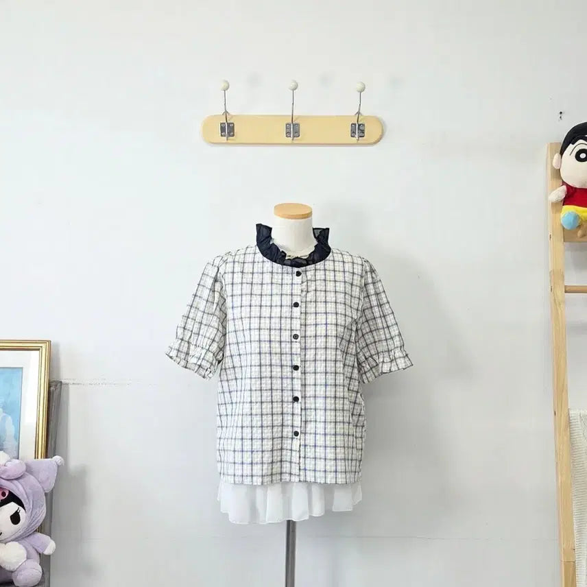 [BUNJANG] Wished Navy Check Blouse / 빈티지 만원샵 wished 네이비 체크 블라우스