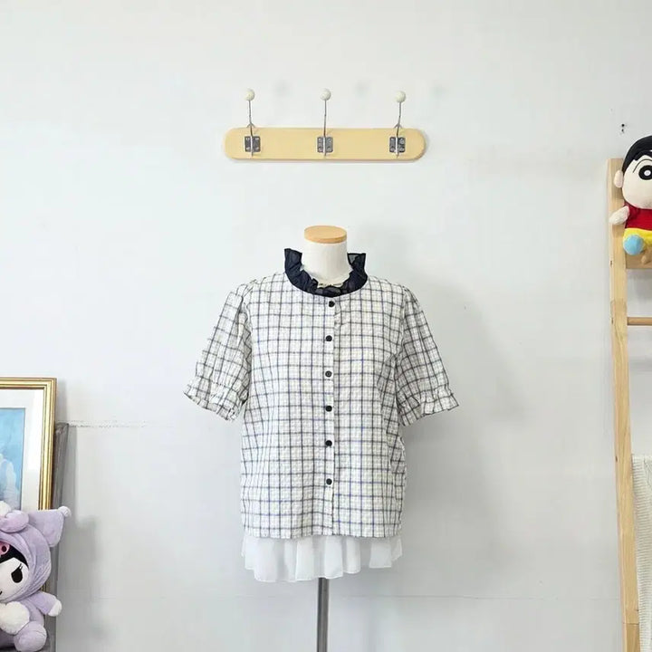 [BUNJANG] Wished Navy Check Blouse / 빈티지 만원샵 wished 네이비 체크 블라우스