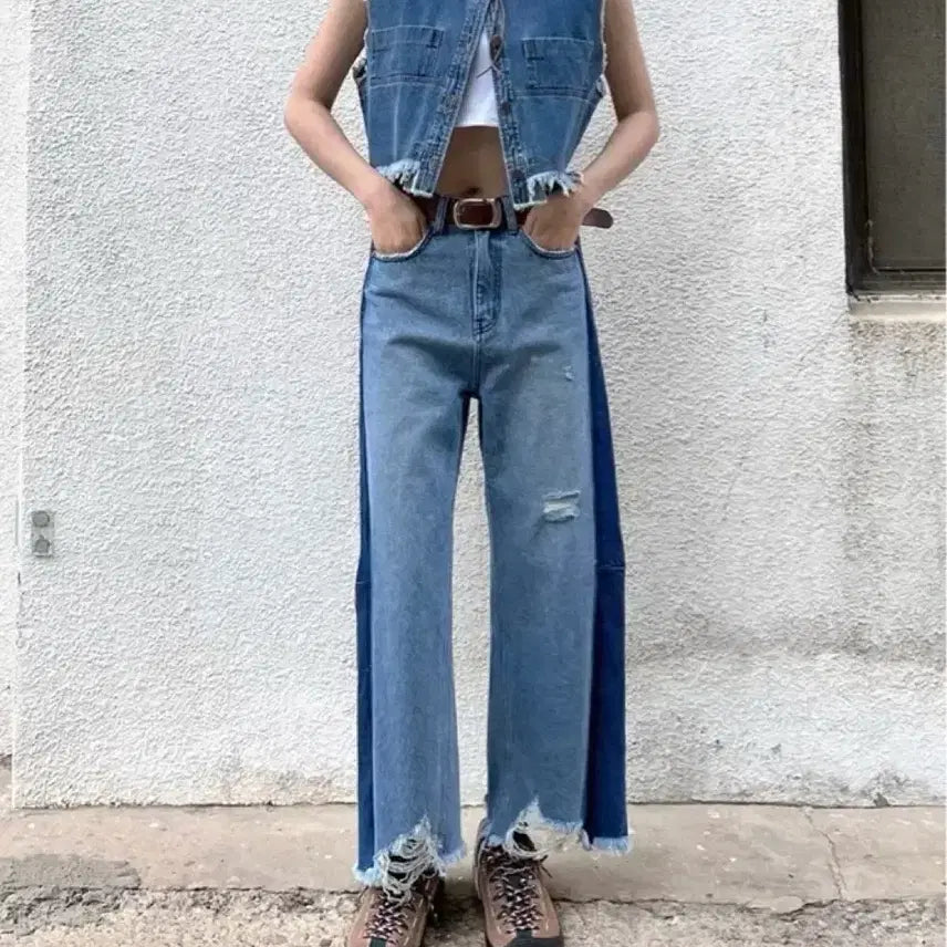 [BUNJANG] THEILMA Two-Tone Wash Damage Wide Denim Pants / 더일마 THEILMA 데미지 데님 팬츠 투톤 워싱 배색 청바지 와이드