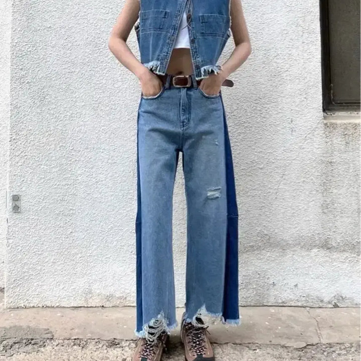 [BUNJANG] THEILMA Two-Tone Wash Damage Wide Denim Pants / 더일마 THEILMA 데미지 데님 팬츠 투톤 워싱 배색 청바지 와이드