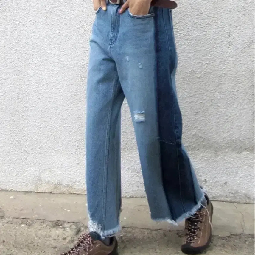 [BUNJANG] THEILMA Two-Tone Wash Damage Wide Denim Pants / 더일마 THEILMA 데미지 데님 팬츠 투톤 워싱 배색 청바지 와이드