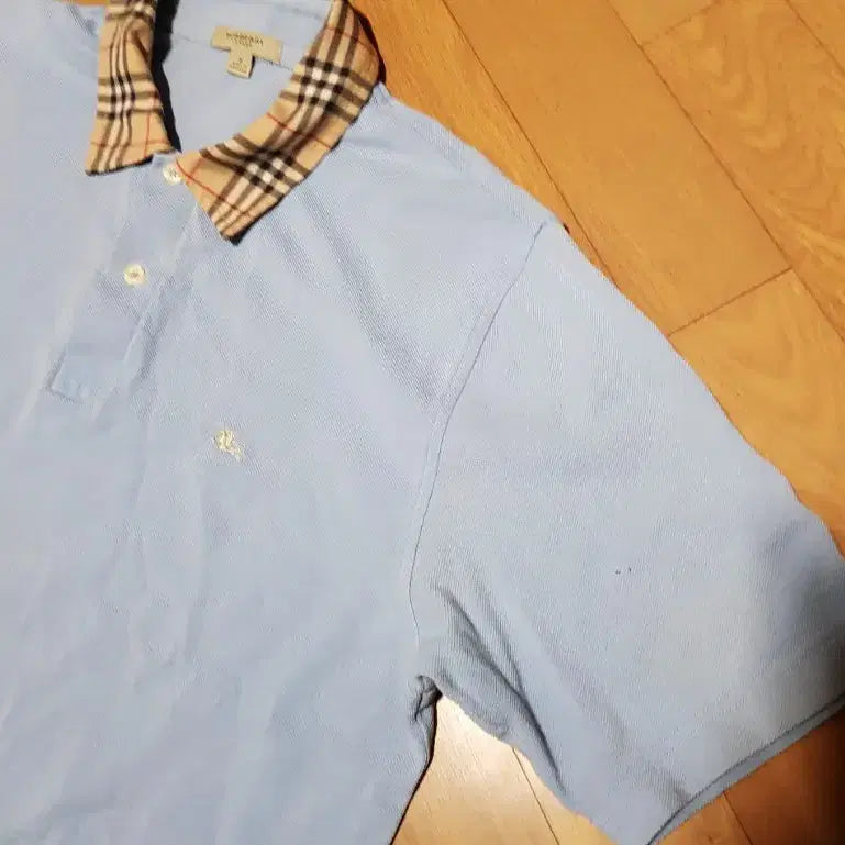 [BUNJANG] Burberry Nova Check Collar Blue Short Sleeve Cotton T-shirt / 100 105 / 버버리 / 노바체크카라 블루 반팔면티셔츠/617-백오