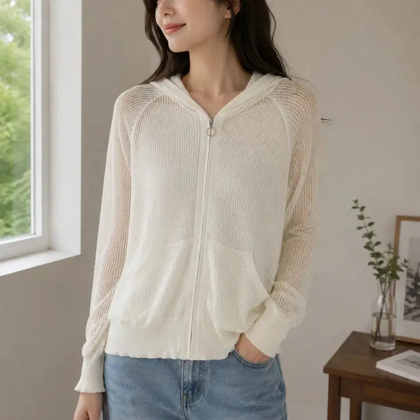 [BUNJANG] Georges Rech White Net Knit Hooded Zip-Up / 새상품급) 조르쥬레쉬 화이트 네트 니트 펀칭 후드집업