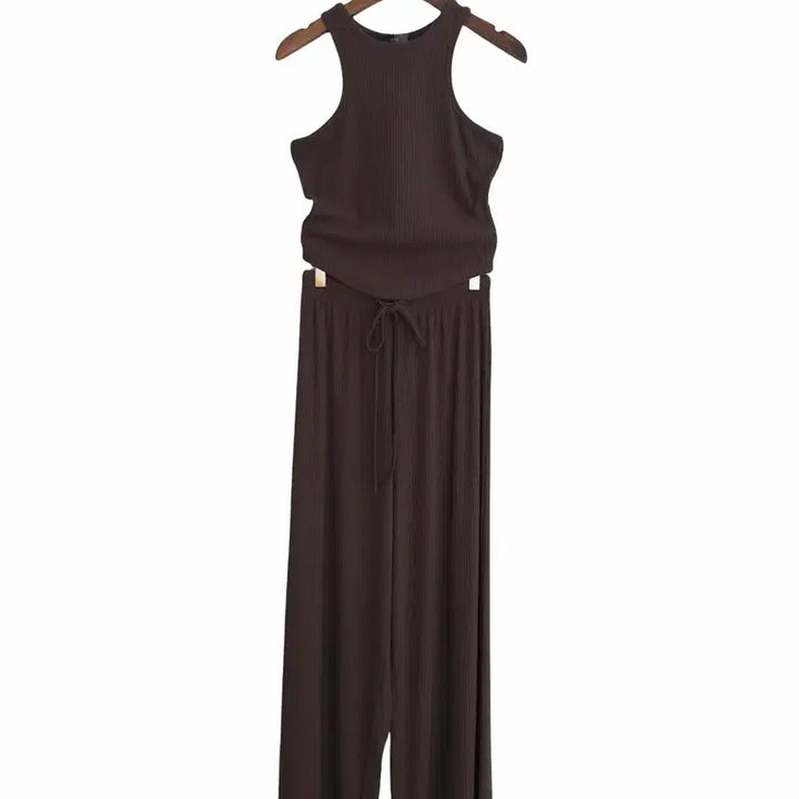 [BUNJANG] Soft Ribbed Sleeveless Top + Pants Set - Dark Brown / 교신안함)소프트 골지 나시+팬츠 세트-다크브라운