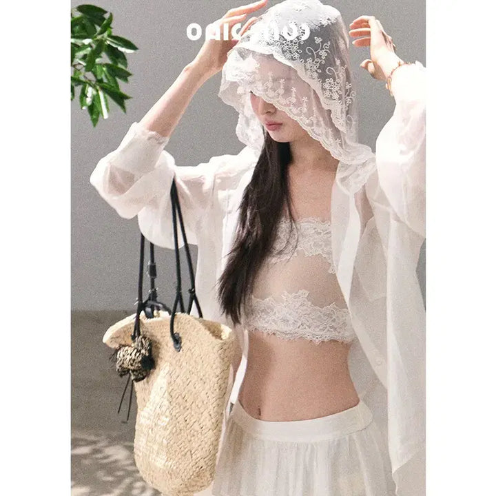 [BUNJANG] OAKMOO Lyocell Lace Hooded Shirt White / OAKMOO 오크무 리오셀 레이스 후드 씬 화이트 셔츠