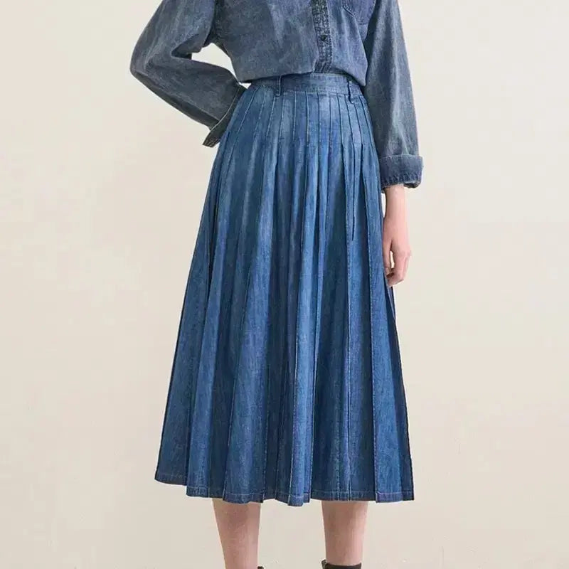 [BUNJANG] The Cashmere Denim Pleated Long Skirt / 23년 한섬 더캐시미어 the CASHMERE 데님 플리츠 스커트 롱치마