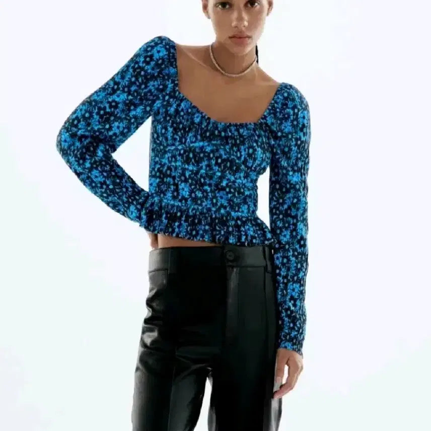 [BUNJANG] ZARA Flower Print Shirring Long Sleeve Corset Blouse Square Neck Blue S / 자라 ZARA 플라워 프린트 셔링 긴팔 코르셋 블라우스 스퀘어넥 블루 S