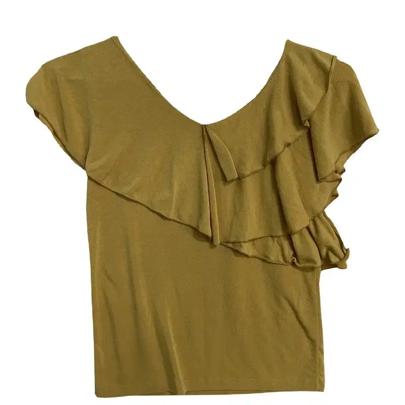 [BUNJANG] Asymmetric Double Frill On/Off Shoulder Top Mustard Shirring Sleeveless Tee / 어시메트릭 더블 프릴 온오프숄더 탑 머스타드 셔링 민소매 티 [XS]