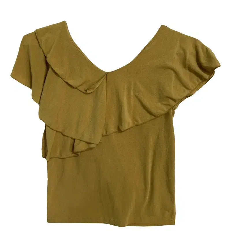 [BUNJANG] Asymmetric Double Frill On/Off Shoulder Top Mustard Shirring Sleeveless Tee / 어시메트릭 더블 프릴 온오프숄더 탑 머스타드 셔링 민소매 티 [XS]