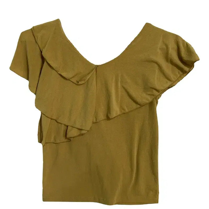[BUNJANG] Asymmetric Double Frill On/Off Shoulder Top Mustard Shirring Sleeveless Tee / 어시메트릭 더블 프릴 온오프숄더 탑 머스타드 셔링 민소매 티 [XS]