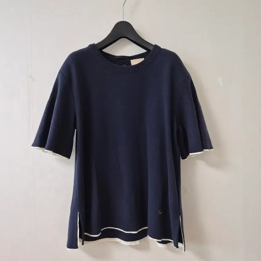 [BUNJANG]  a.t. corner Bird Short Sleeve Knit Navy White Trim / 한섬 버드 반팔 니트
